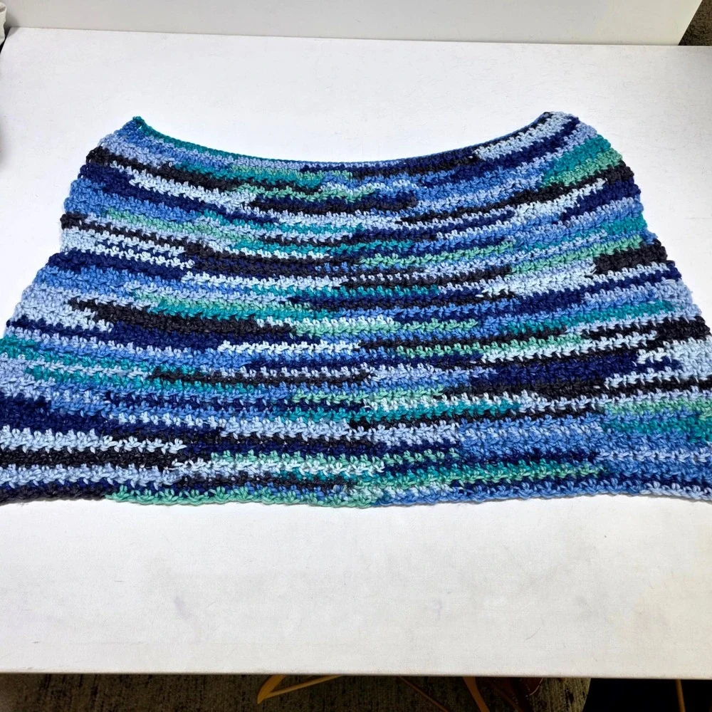Handmade Crochet Curved Top Cowl Neck Wrap Blue Teal Navy Green Striped Yarn